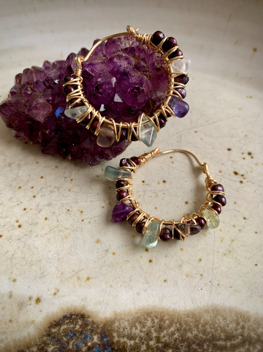 Alma Earrings - Flourite and Chocolate Freshwater Pearls