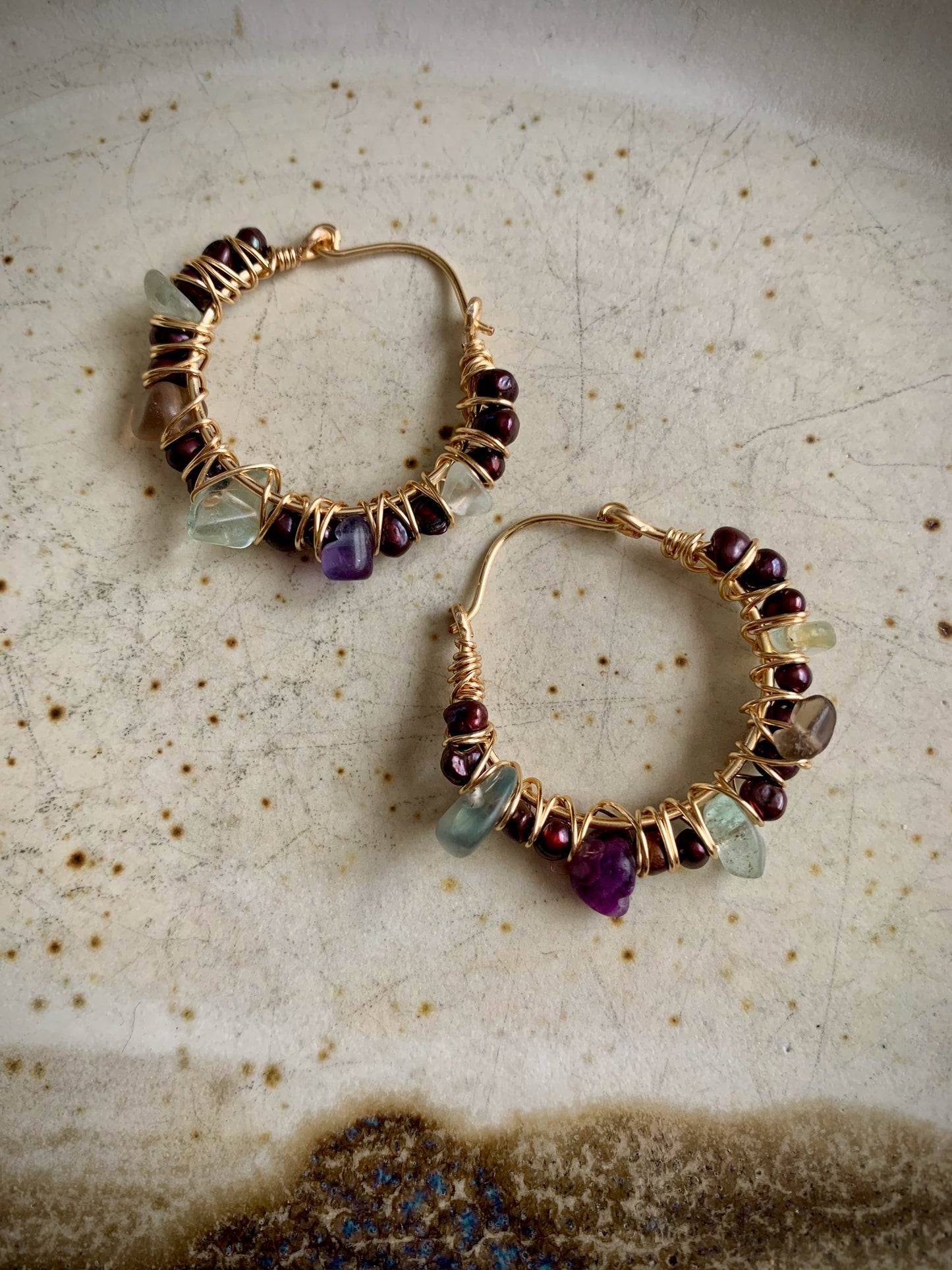 Alma Earrings - Flourite and Chocolate Freshwater Pearls