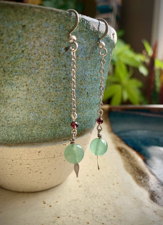 Viva Earrings - Faceted Green Chalcedony and Garnet