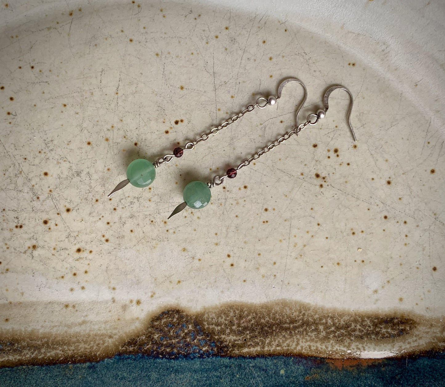 Viva Earrings - Faceted Green Chalcedony and Garnet