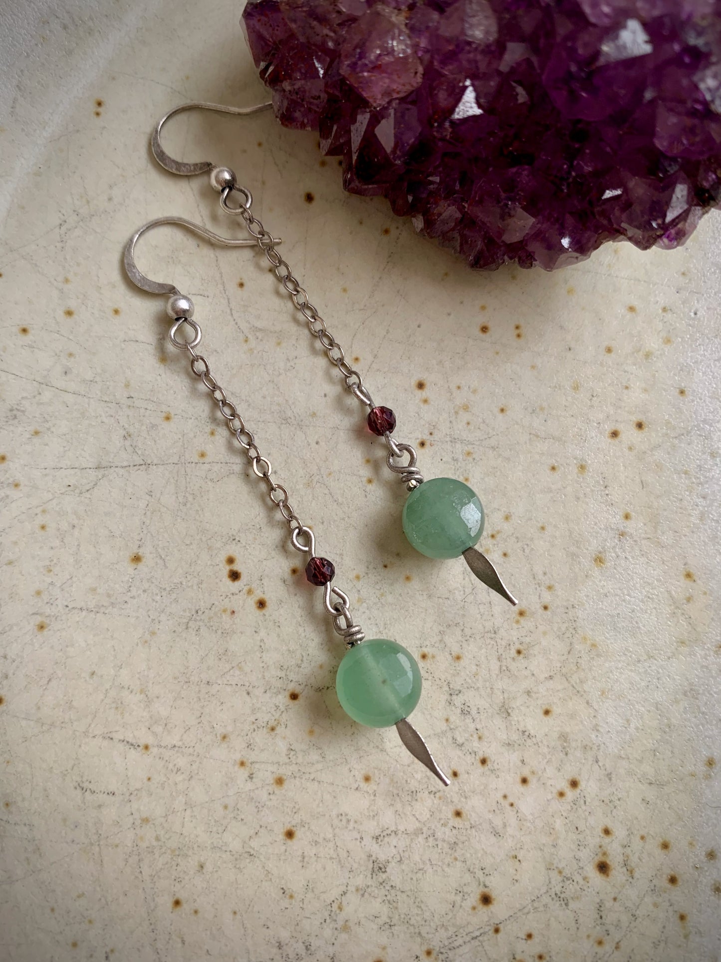 Viva Earrings - Faceted Green Chalcedony and Garnet