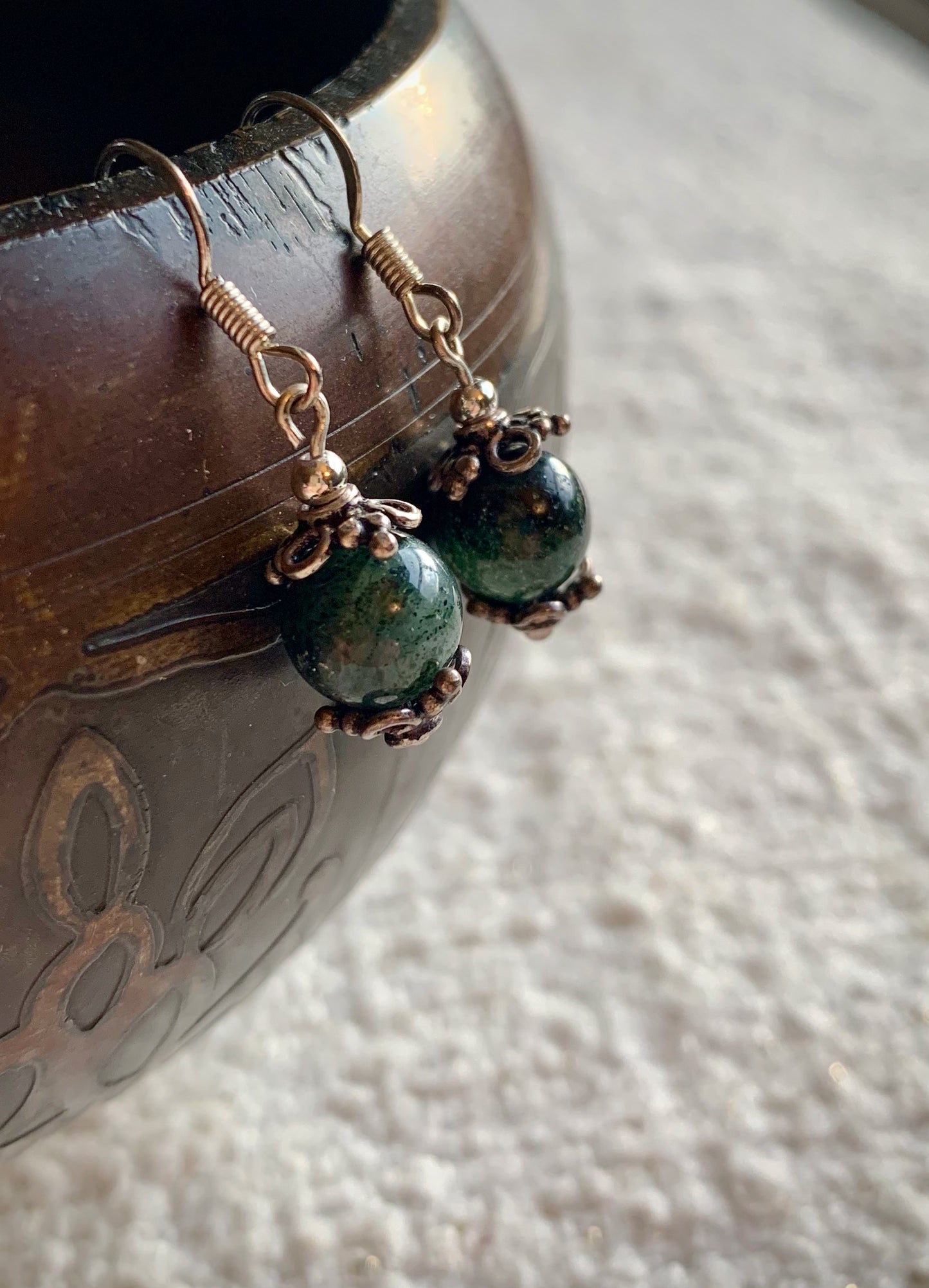 Ruby Zoisite Earrings, Silver toned bell caps