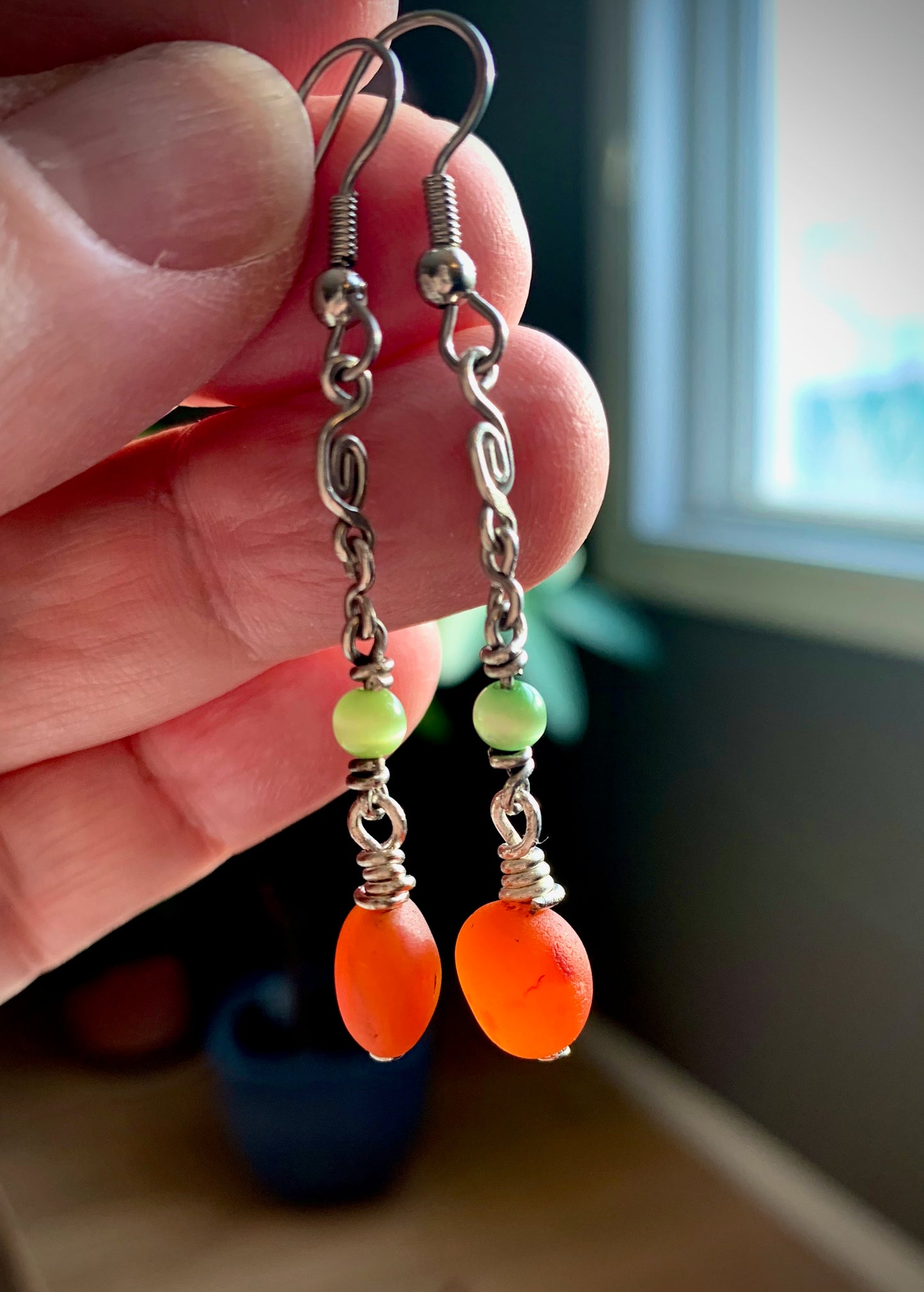 Carnelian and Green Cat's Eye Earrings