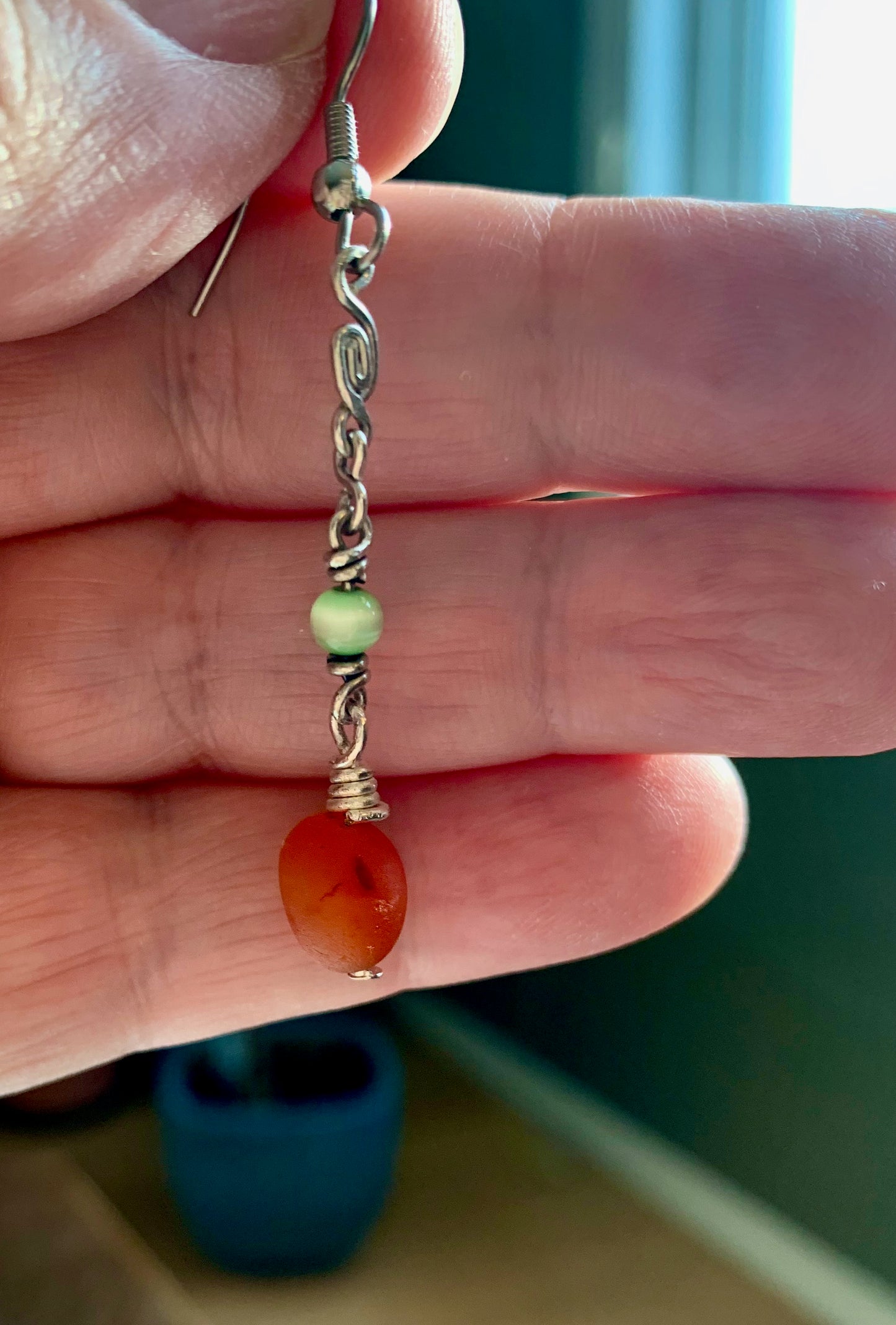 Carnelian and Green Cat's Eye Earrings