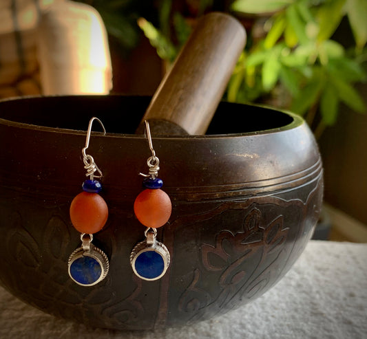 Tibetan Lapis Lazuli and Carnelian Earrings