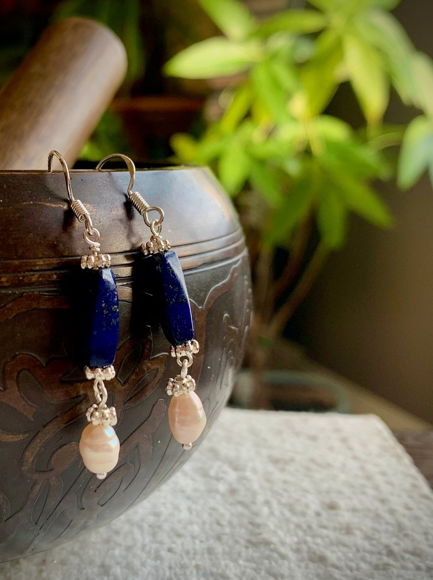 Mar Earrings - Rectangular Lapis Lazuli and Pearl