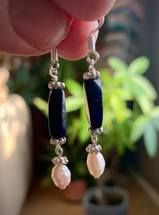 Mar Earrings - Rectangular Lapis Lazuli and Pearl