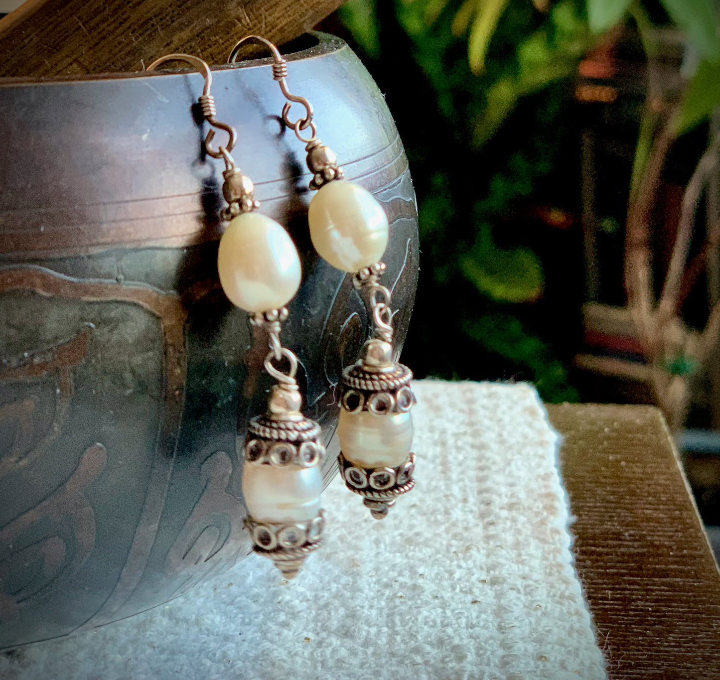 Double Pearl and Tibetan Bead Earrings