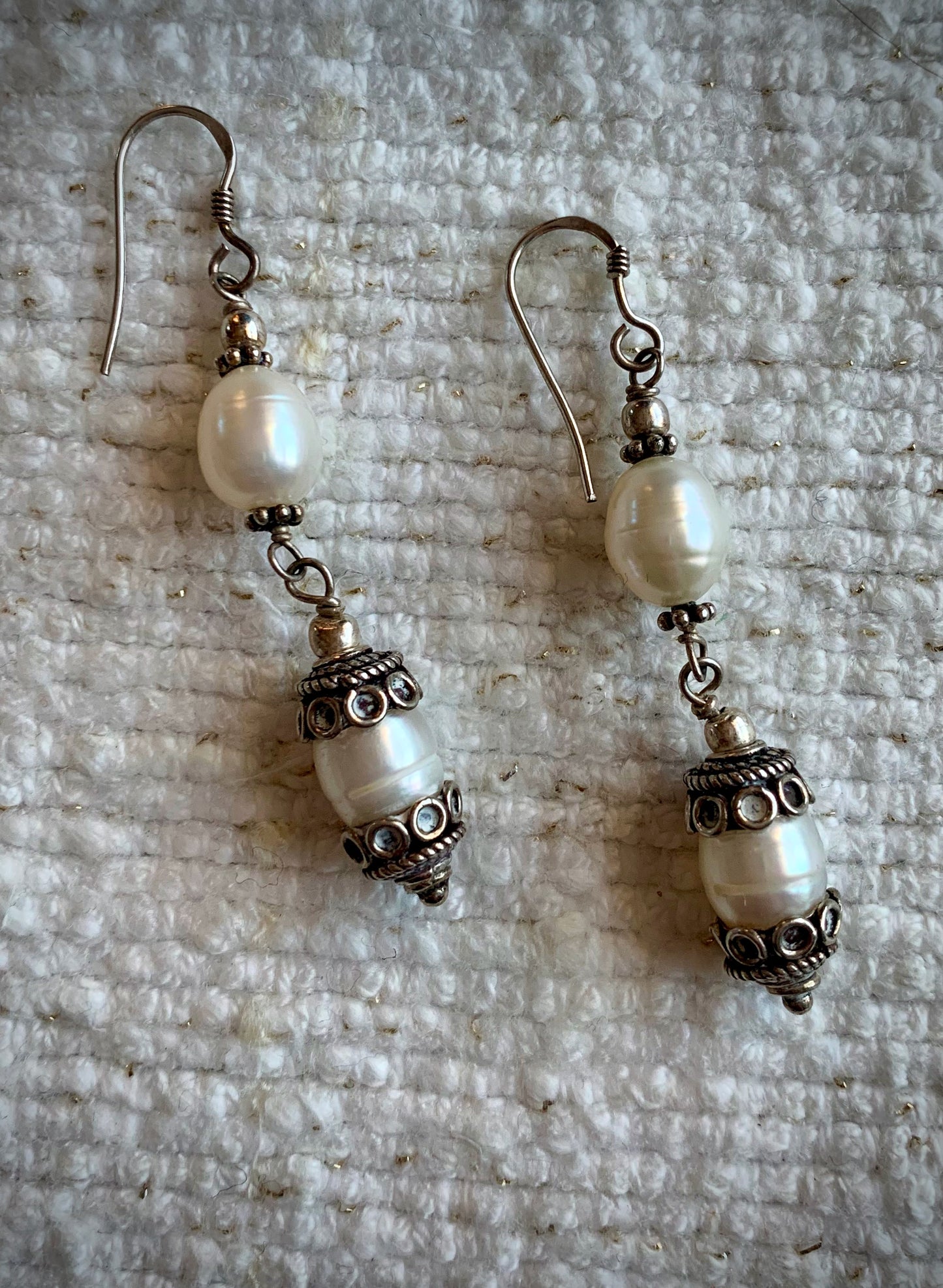 Double Pearl and Tibetan Bead Earrings