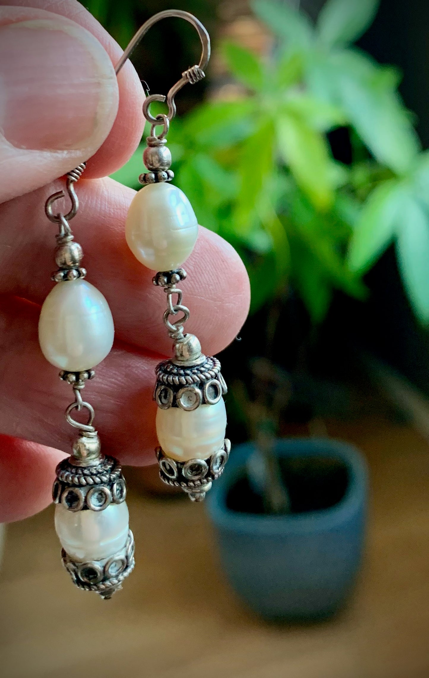 Double Pearl and Tibetan Bead Earrings