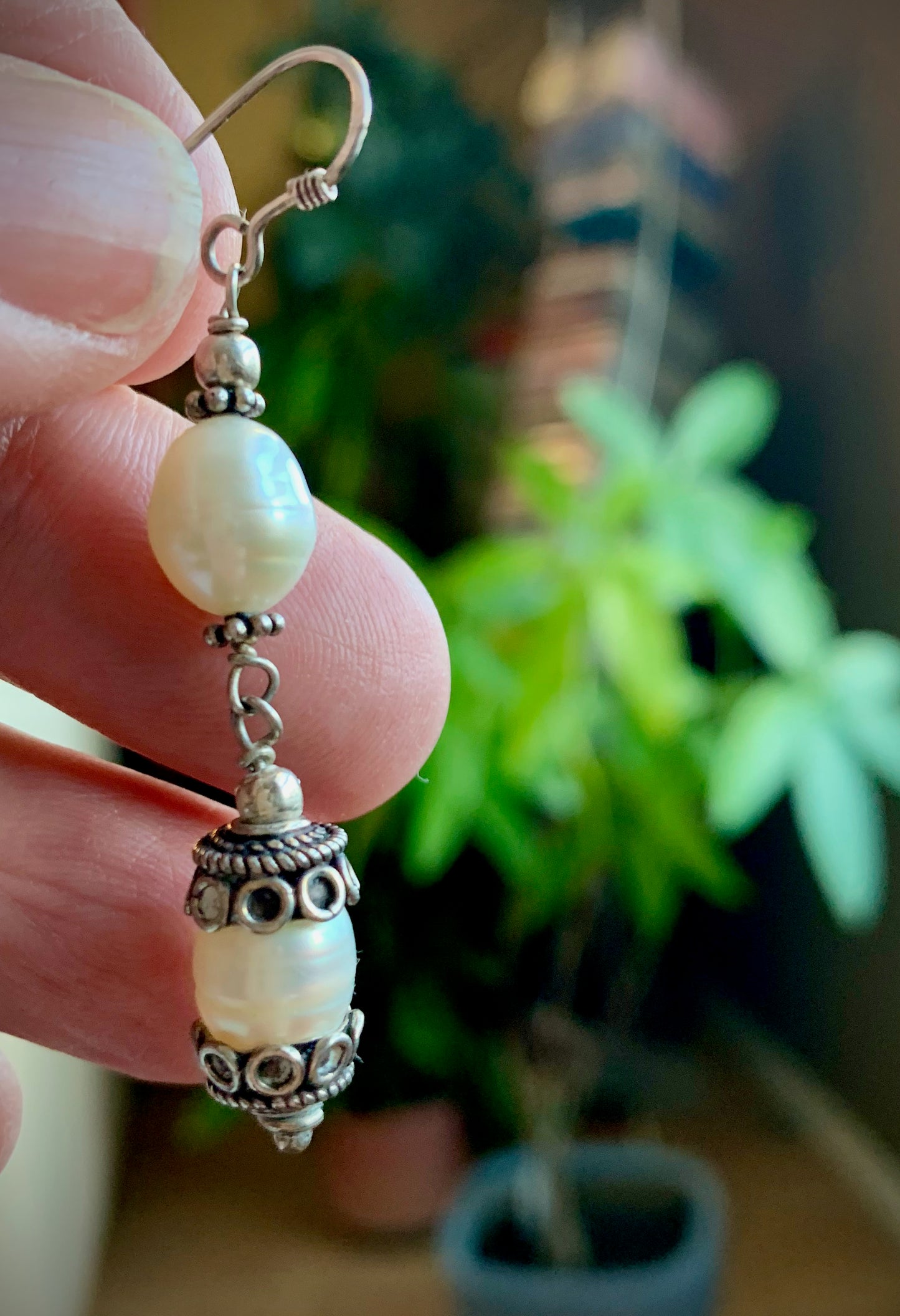 Double Pearl and Tibetan Bead Earrings