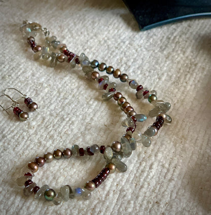 Pearl, Labradorite, and Garnet Necklace