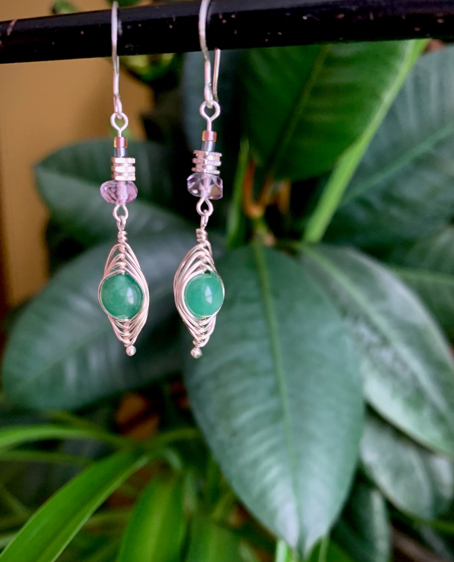 Selva Earrings - Aventurine and Amethyst Silver Herringbone Wrap