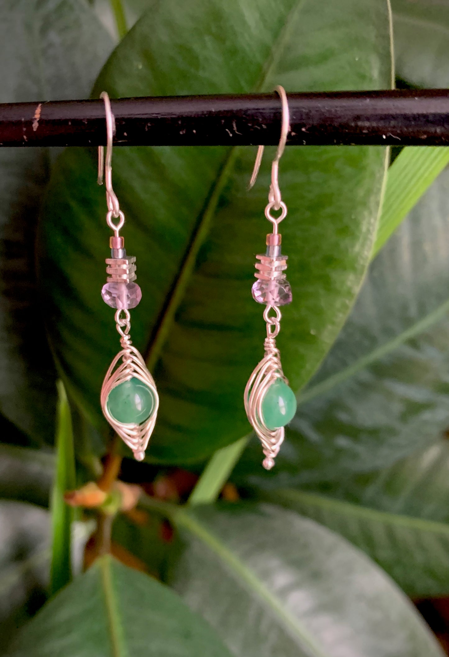 Selva Earrings - Aventurine and Amethyst Silver Herringbone Wrap