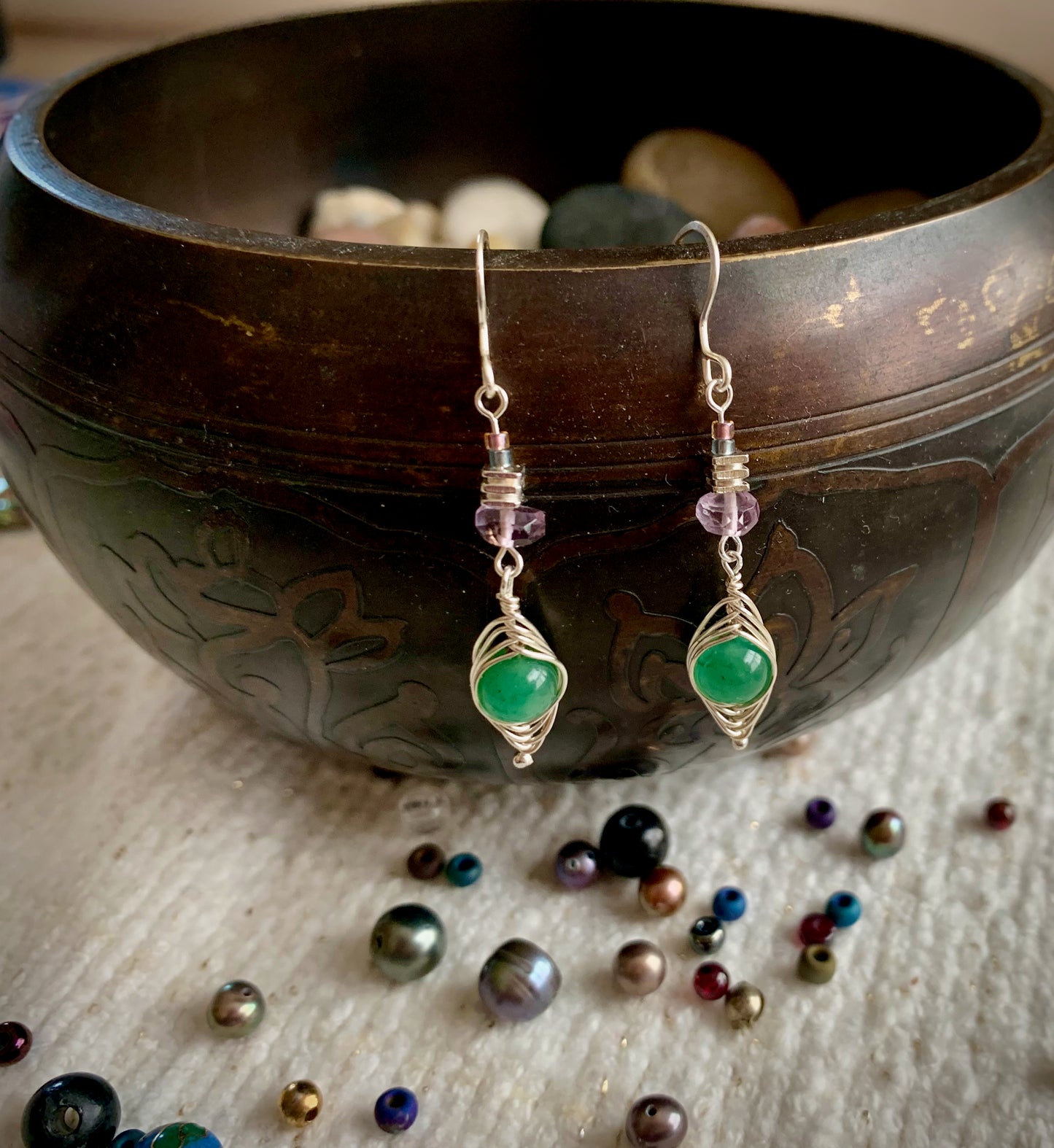 Selva Earrings - Aventurine and Amethyst Silver Herringbone Wrap