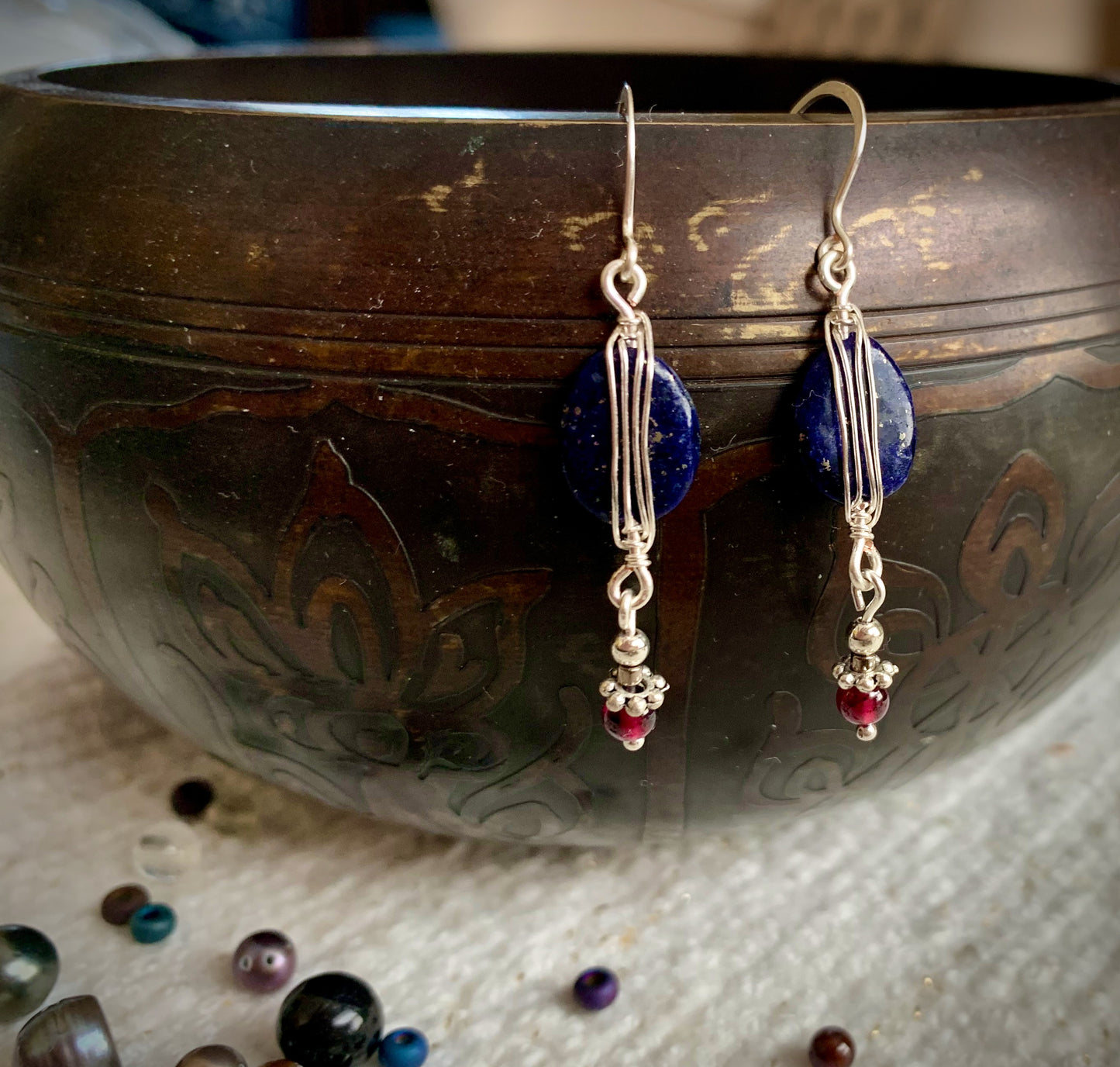 Lapis Lazuli and Garnet Earrings with Silver Wrap Detail