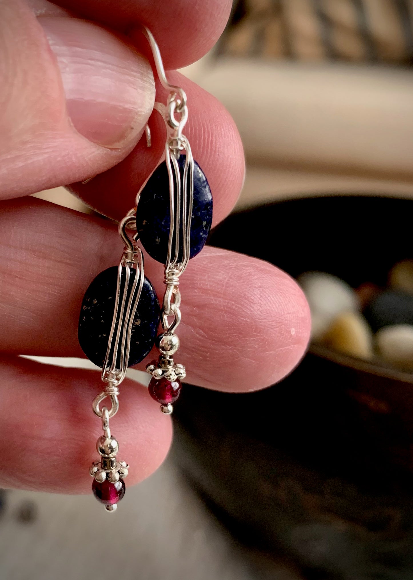 Lapis Lazuli and Garnet Earrings with Silver Wrap Detail