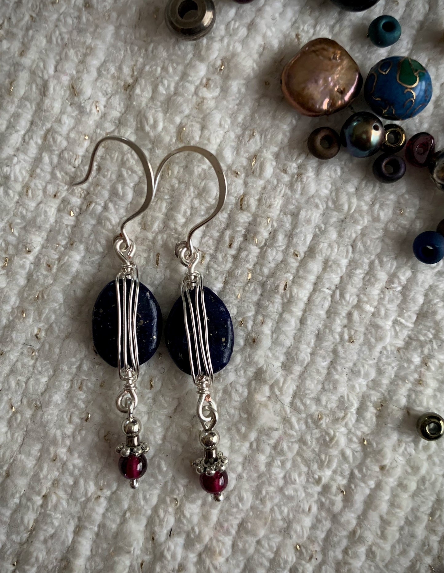 Lapis Lazuli and Garnet Earrings with Silver Wrap Detail