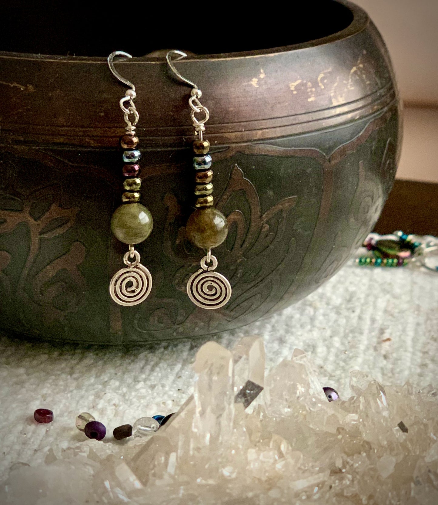 Labradorite and Bead Spiral Earrings