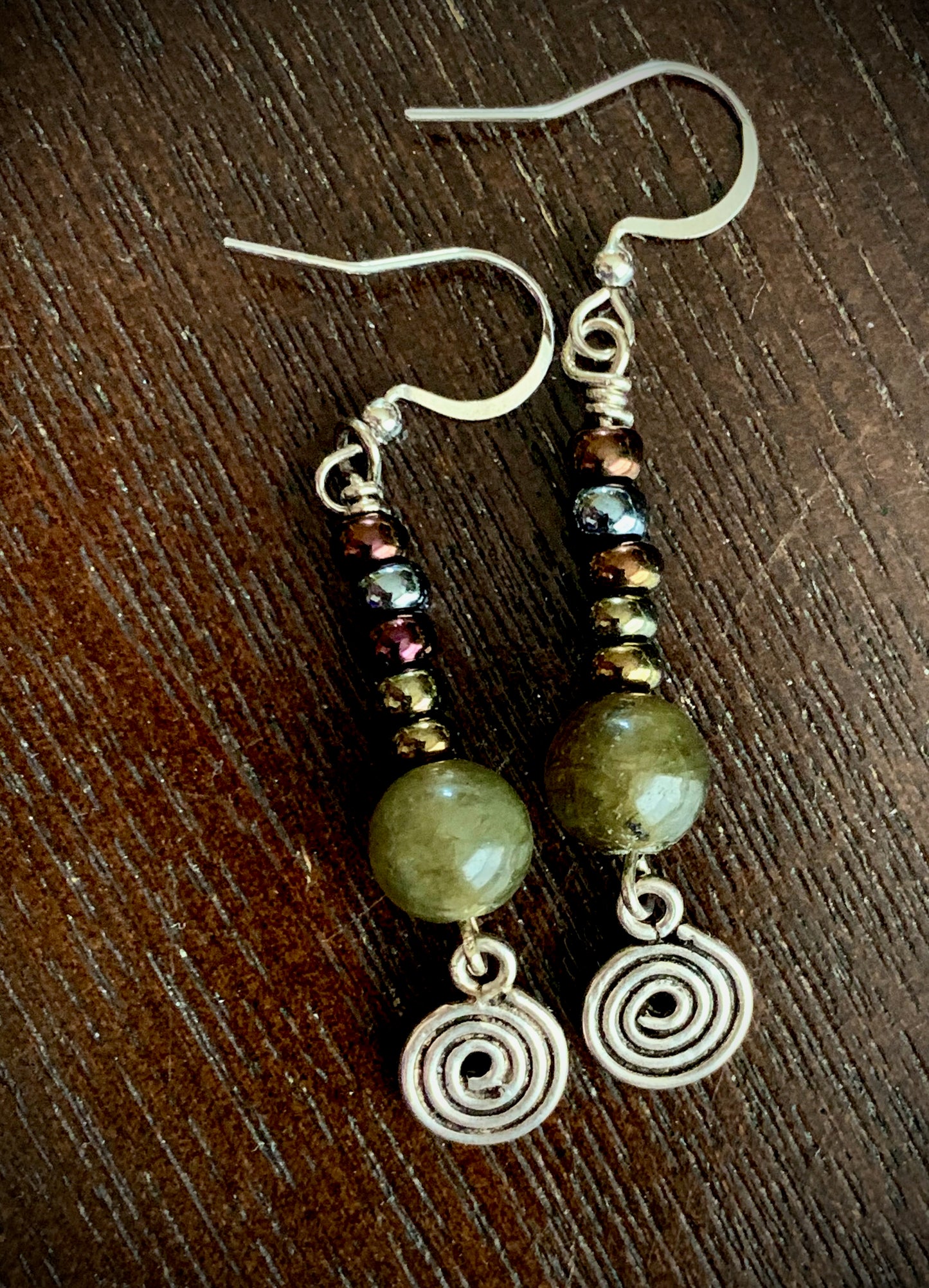 Labradorite and Bead Spiral Earrings