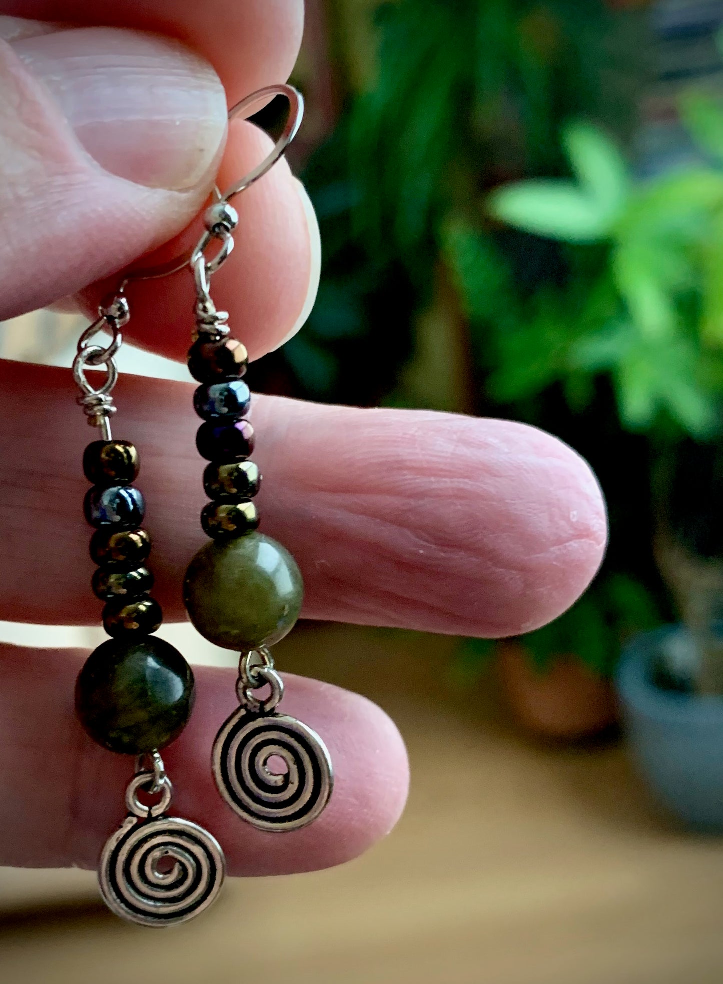 Labradorite and Bead Spiral Earrings