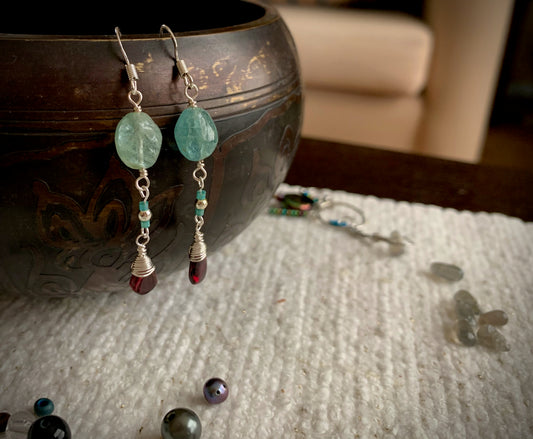 Amistad Earrings - Aquamarine and Garnet