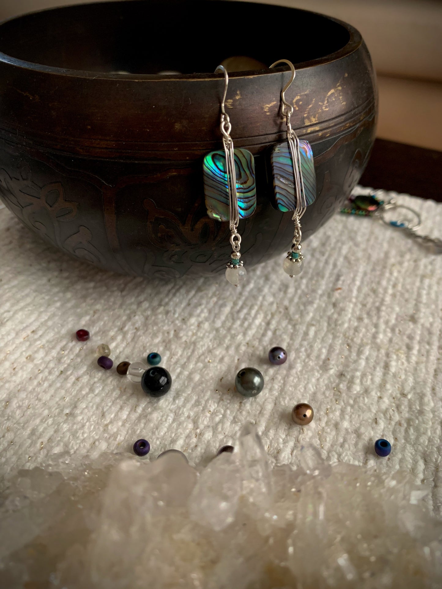 Abalone and Moonstone Silver Wrap Earrings