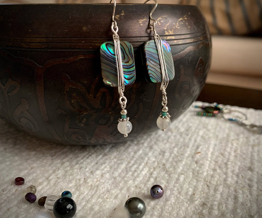 Abalone and Moonstone Silver Wrap Earrings