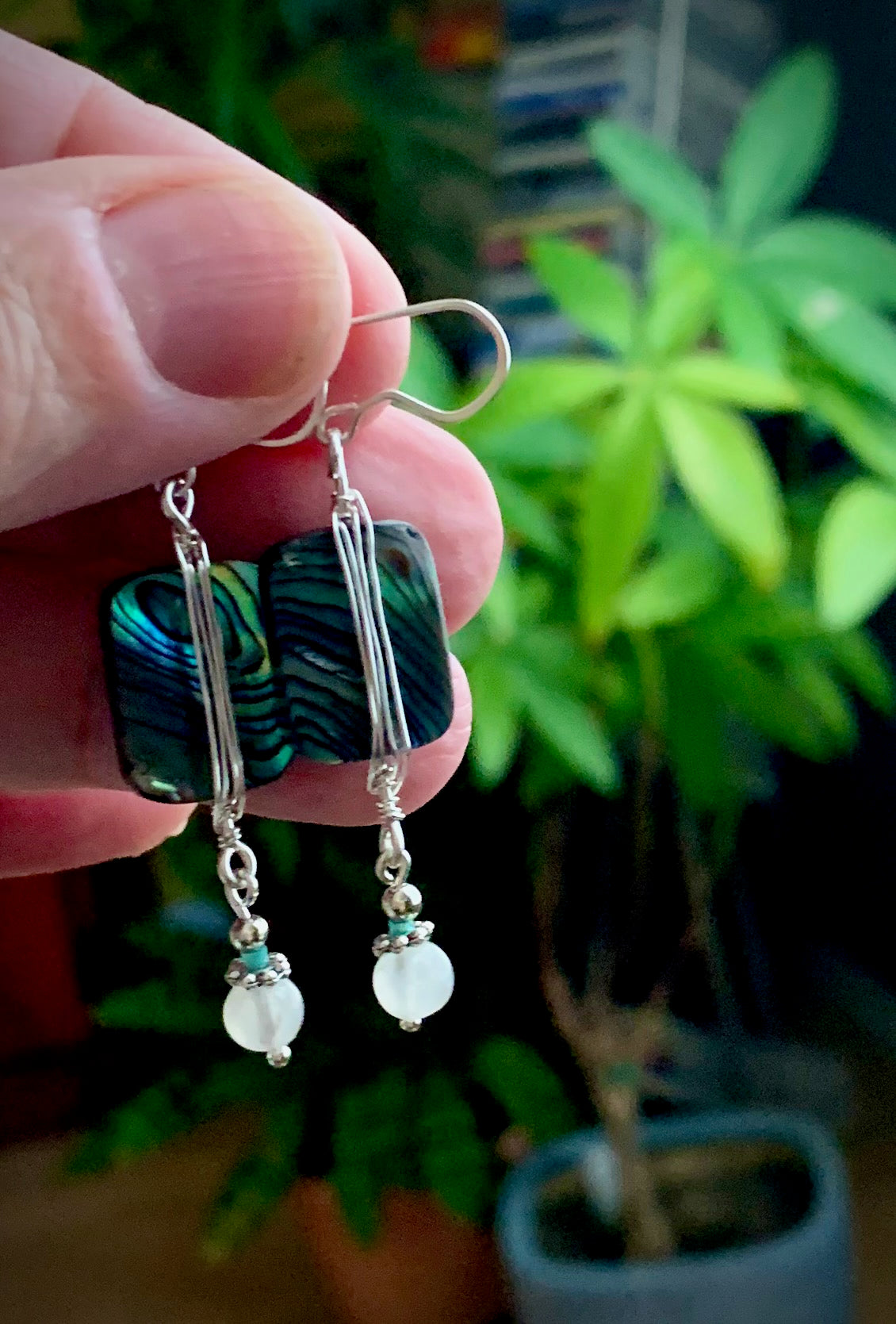 Abalone and Moonstone Silver Wrap Earrings